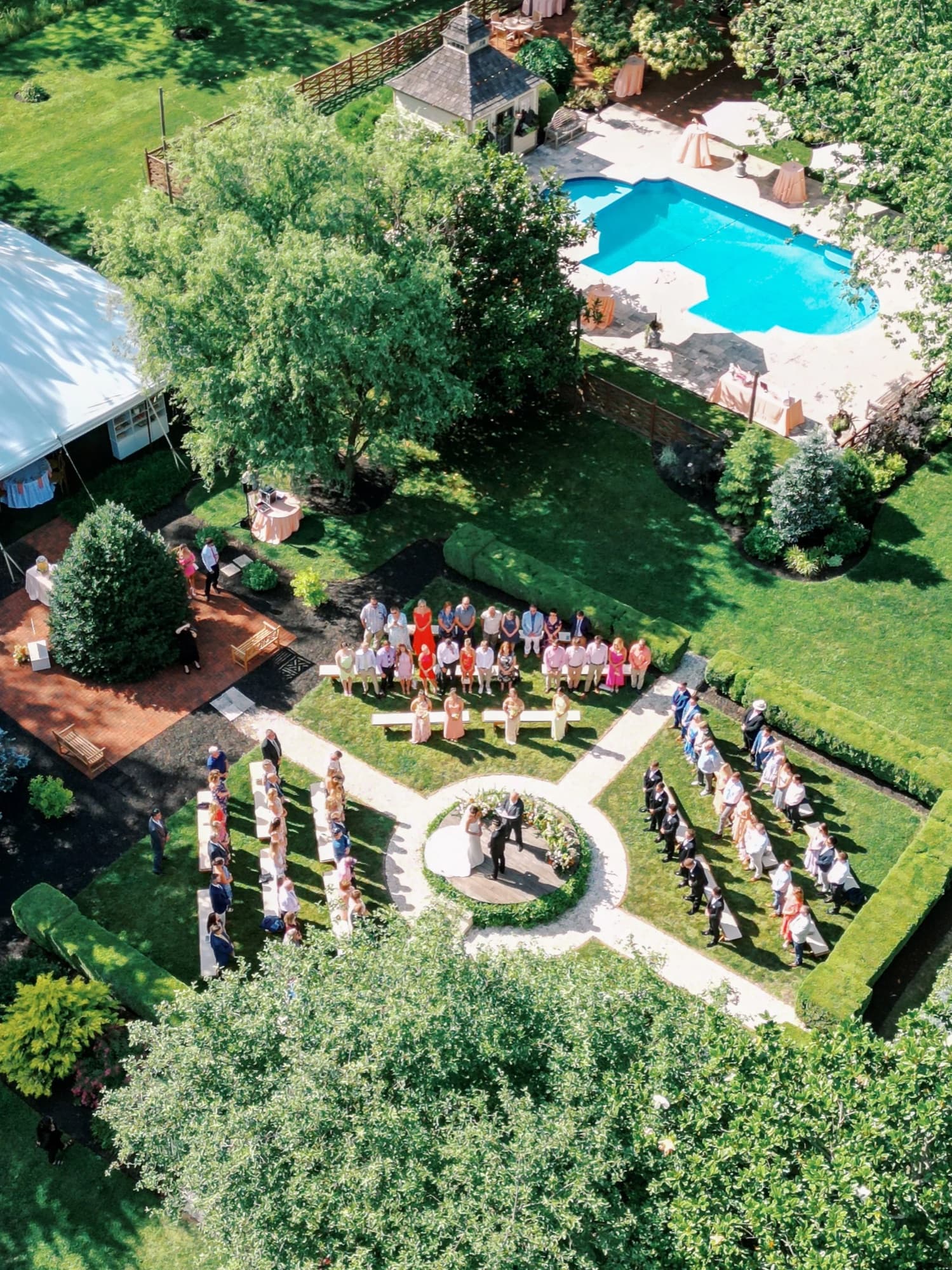 Drone view of a Cypress House garden ceremony